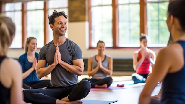 Photo une photo d'un instructeur de fitness enseignant un cours de yoga