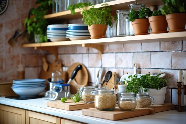 photo de l'intérieur de la cuisine en gros plan de la lumière du studio AI générative