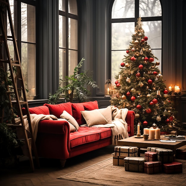 Photo intérieur du salon de Noël avec canapé vintage et arbre de Noël généré par l'IA