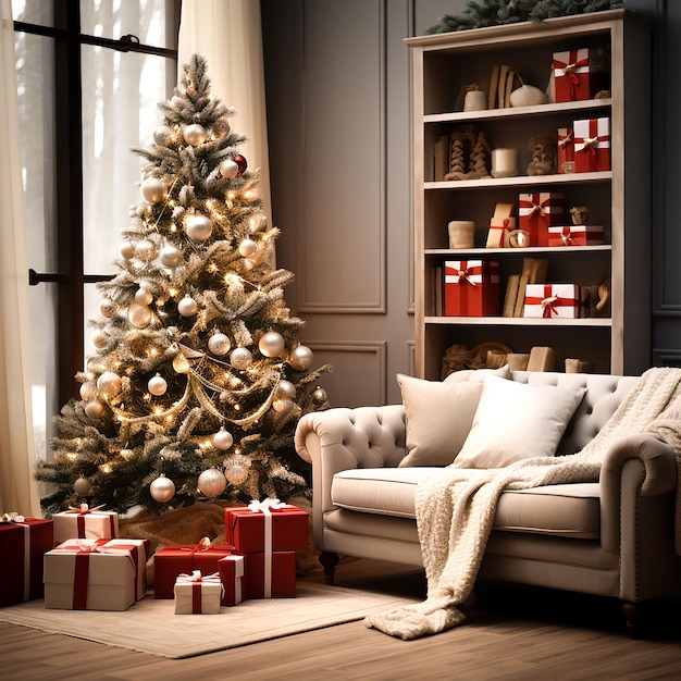 Photo intérieur du salon de Noël avec canapé vintage et arbre de Noël généré par l'IA