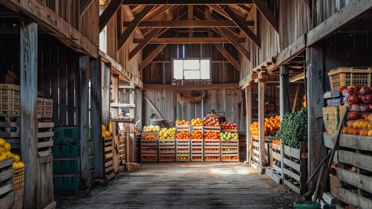 Photo une photo de l'intérieur d'une grange avec des caisses bien empilées de produits fraîchement récoltés