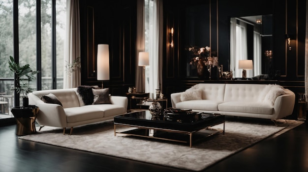 Photo photo intérieur noir moderne de luxe sombre avec des meubles chics blancs