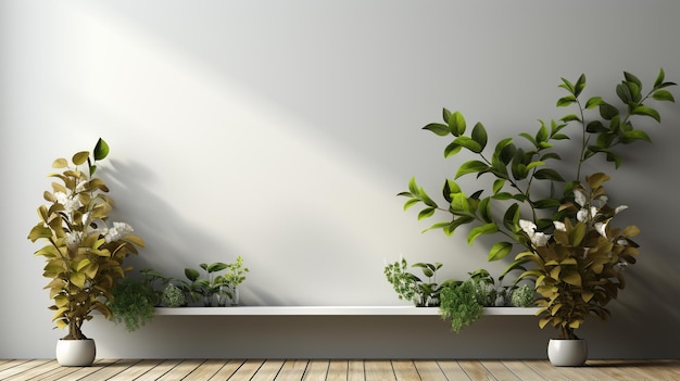 Photo intérieur d'une pièce blanche vide avec un pot de plantes sur un sol en bois généré par l'IA