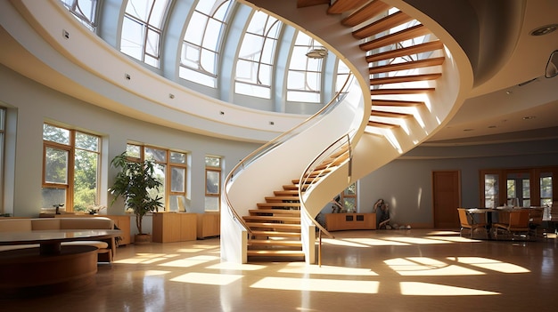 Une photo d'un intérieur résidentiel avec des caractéristiques architecturales uniques telles qu'un escalier en spirale