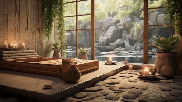 Une photo d'un intérieur de spa tranquille avec des éléments naturels