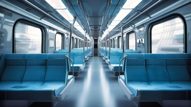 Une photo de l'intérieur d'un train avec des sièges bleus