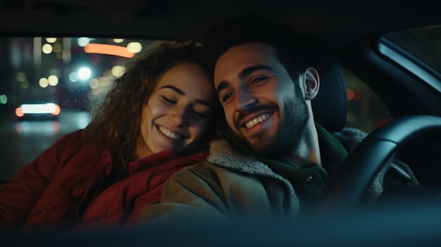 une photo à l'intérieur d'une voiture d'un couple latin heureux prise de vue avant style cinématographique ultra réaliste et nuit b