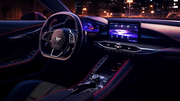 Une photo de l'intérieur d'une voiture de location mettant en évidence les caractéristiques technologiques