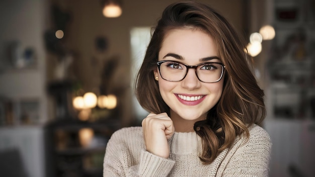 Une photo intérieure d'une belle jeune femme charismatique aux cheveux bruns, aux lunettes et au pull souriante.