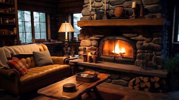 Une photo intérieure d'une cabane en rondins avec une cheminée en pierre et des meubles en bois