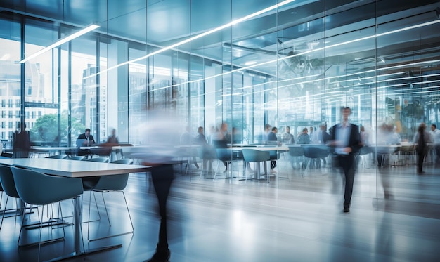 Photo intérieure floue abstraite d'un immeuble de bureaux moderne avec flou de mouvement de gens d'affaires
