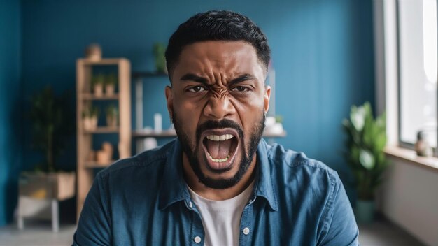 Photo une photo intérieure d'un homme noir indigné, non rasé, ouvre la bouche et exprime des émotions négatives.