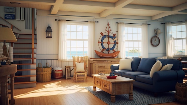 Une photo intérieure d'une maison de Cape Cod avec un décor à thème nautique