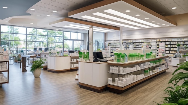 la photo intérieure de la pharmacie moderne met en valeur l'espace propre et bien organisé où les produits et services de santé essentiels sont accessibles à la communauté