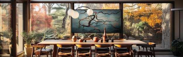 Une photo intérieure d'une salle à manger moderne avec de l'art sur le mur