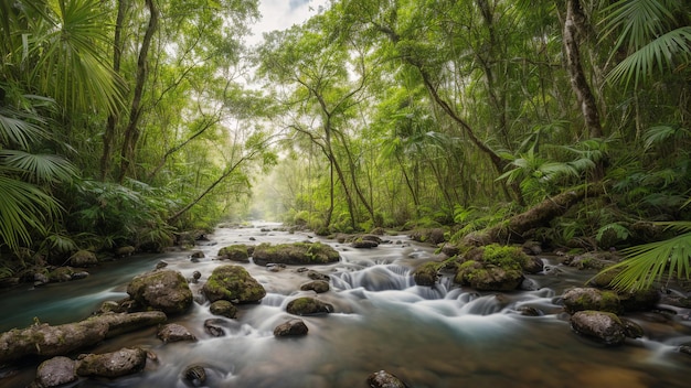 Une photo intrigante d'un ruisseau traversant une forêt luxuriante AI Generative