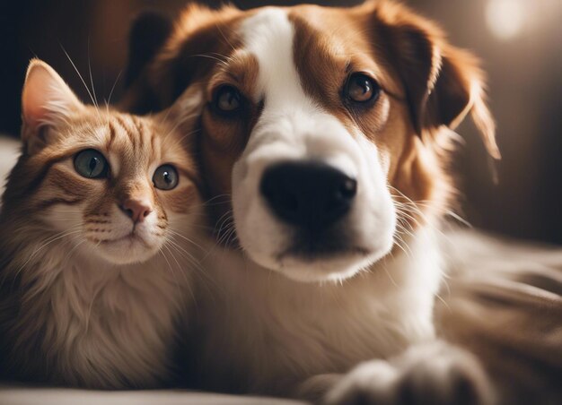 Une photo isolée d'un chien qui se blottit avec un chat dans le jardin