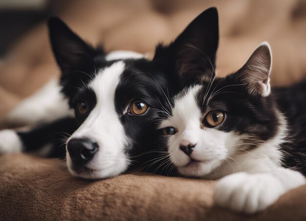 Photo une photo isolée d'un chien qui se blottit avec un chat dans le jardin