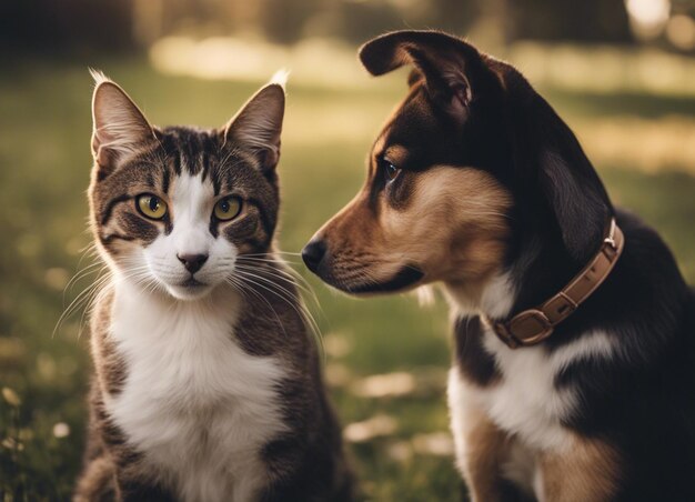 Photo une photo isolée d'un chien qui se blottit avec un chat dans le jardin