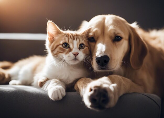 Une photo isolée d'un chien qui se blottit avec un chat dans le jardin