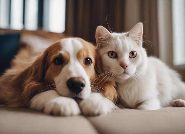 Une photo isolée d'un chien qui se blottit avec un chat dans le jardin