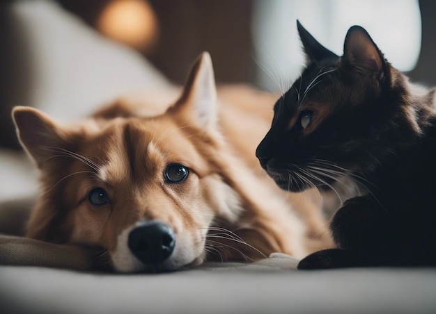 Une photo isolée d'un chien qui se blottit avec un chat dans le jardin