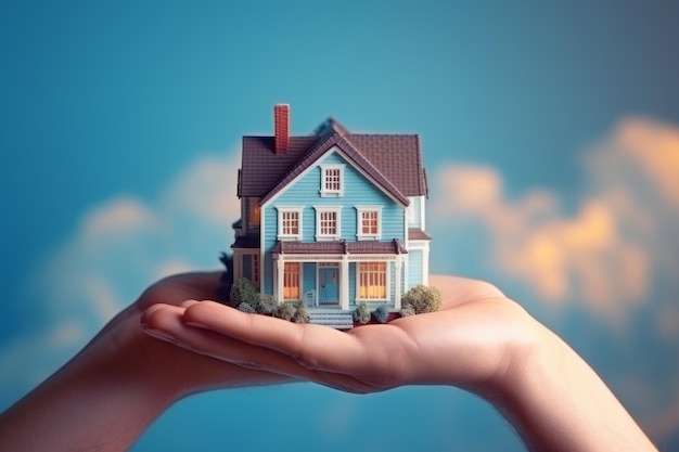 Une photo isolée d'une femme tenant une maison miniature.