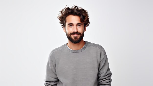 Une photo isolée d'un jeune homme beau avec une barbe, une moustache et une coiffure à la mode portant un pull gris décontracté a une expression sérieuse alors qu'il écoute l'interlocuteur poser en studio sur un fond blanc