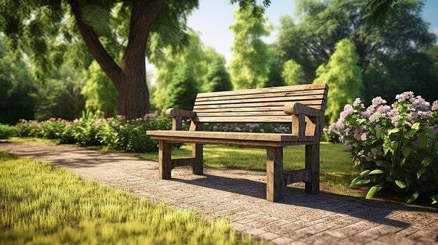 Une photo d'un jardin avec un banc en bois