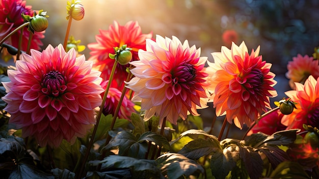 Une photo d'un jardin de dahlias à la lumière douce du matin