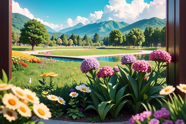 Une photo d'un jardin avec des fleurs et une montagne en arrière-plan.