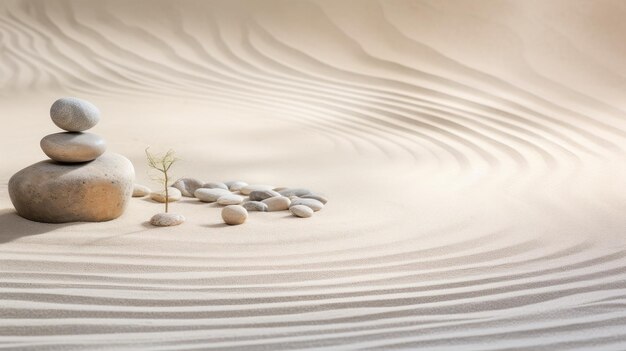 Photo une photo d'un jardin de roches zen paisible avec du sable râpé et des cailloux lisses