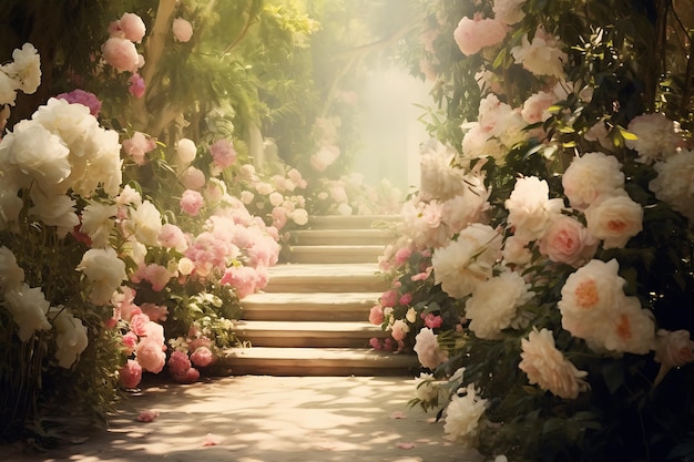Photo d'un jardin de style vintage avec des roses et des péonies