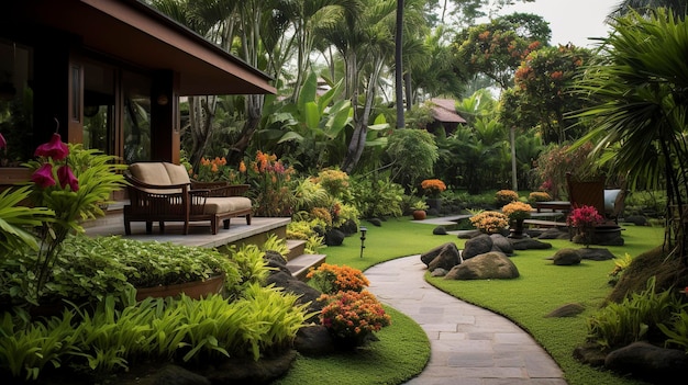 Une photo d'un jardin tranquille dans une propriété résidentielle