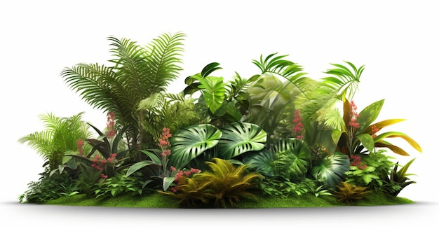 Une photo d'un jardin tropical avec des plantes et des fleurs.