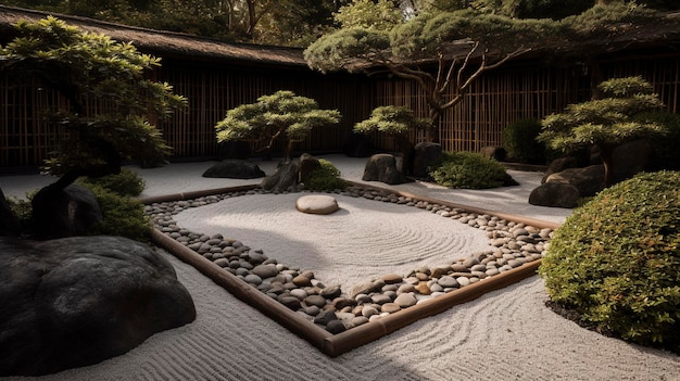 Une photo d'un jardin zen minimaliste avec des fonctionnalités de sérénité