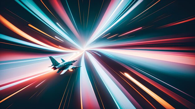 Photo photo d'un jet volant à travers un tunnel de lumières vibrant