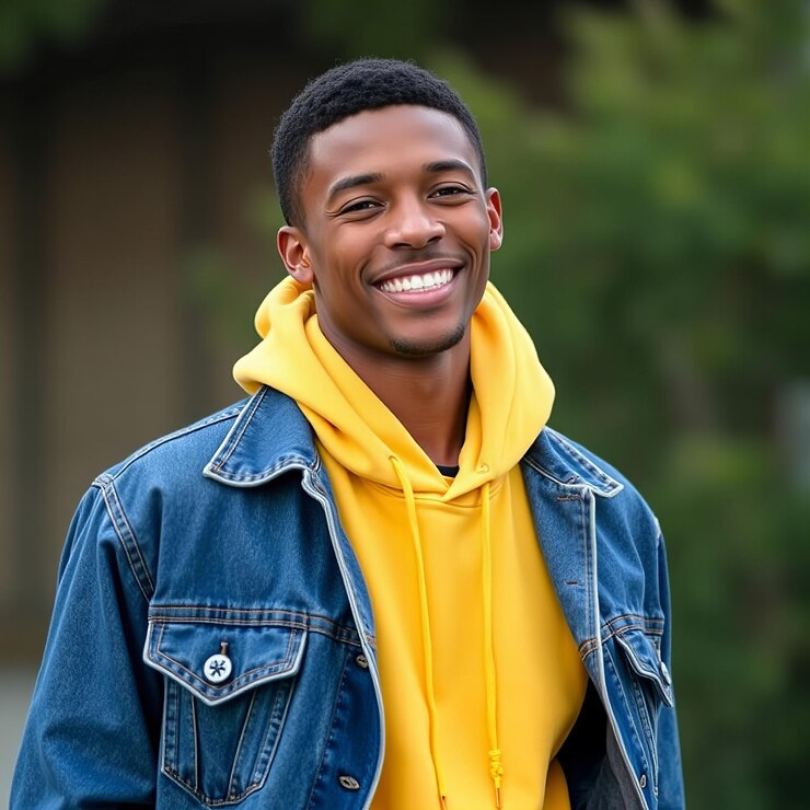 Photo photo d'un jeune afro-américain heureux dans une veste en jean et une capuche jaune posant seul