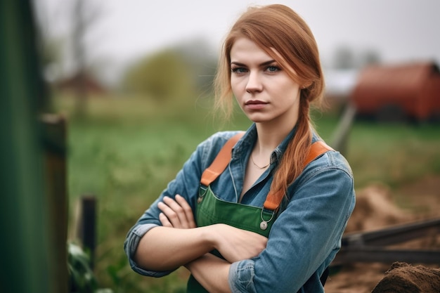 Photo d'une jeune agricultrice debout, les bras croisés, alors qu'elle travaille dans sa ferme