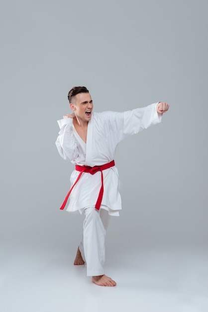 Photo d'un jeune beau sportif en kimono pratiquant le karaté en posant sur fond gris et en criant. En regardant de côté.