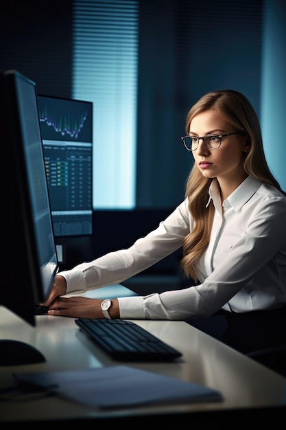 Photo une photo d'une jeune comptable travaillant sur l'ordinateur dans son bureau créée avec l'ia générative