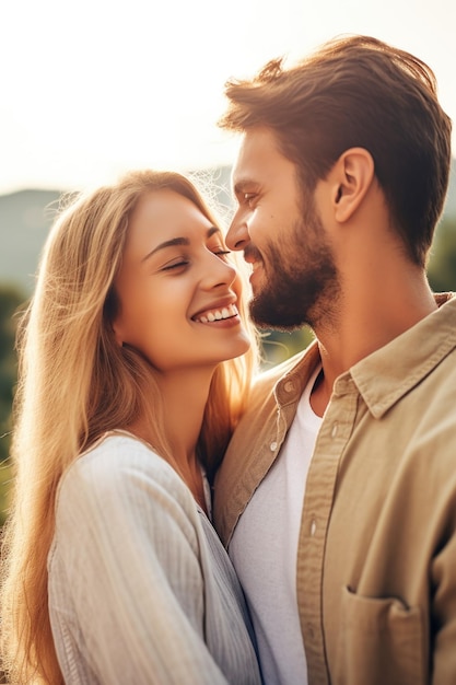 Une photo d'un jeune couple d'amour passant du temps ensemble à l'extérieur.