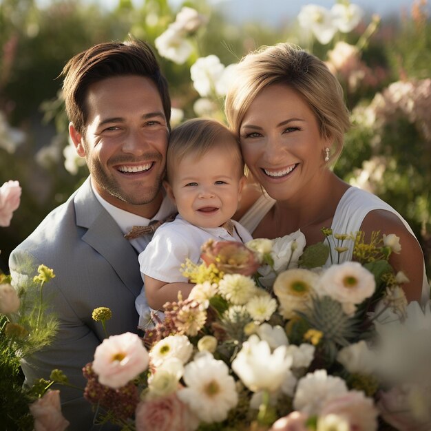 Photo d'un jeune couple avec un bébé souriant l'un à l'autre entouré de fleurs