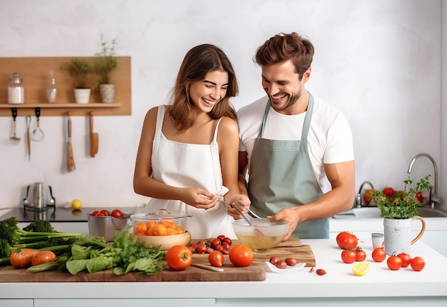 Photo de jeune couple charmant cuisinant ensemble dans la cuisine de la maison