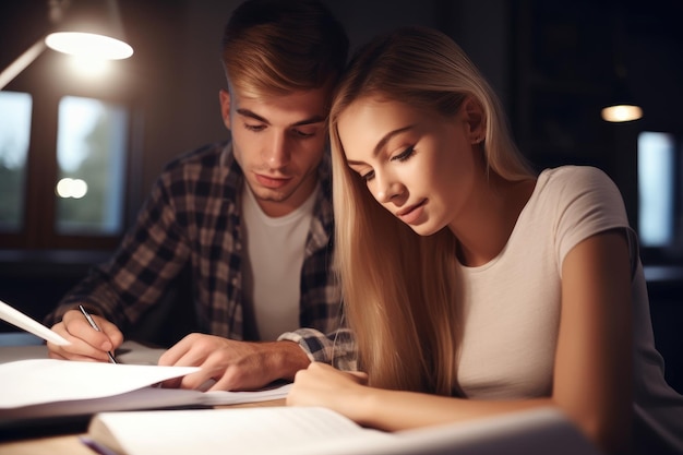 Photo d'un jeune couple étudiant ensemble créé avec une IA générative