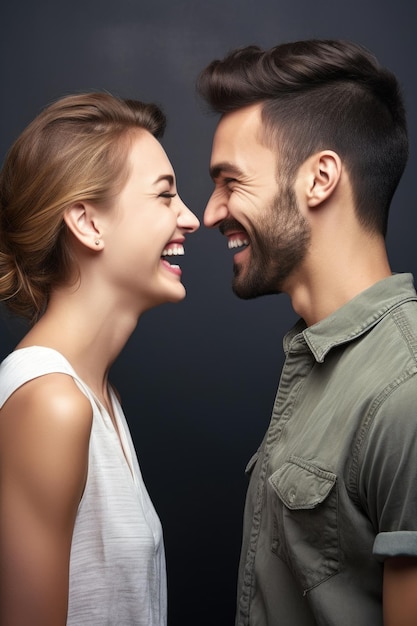 Une photo d'un jeune couple face à face faisant des grimaces.