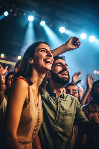 Photo d'un jeune couple heureux s'amusant lors d'un concert de musique live créé avec une IA générative