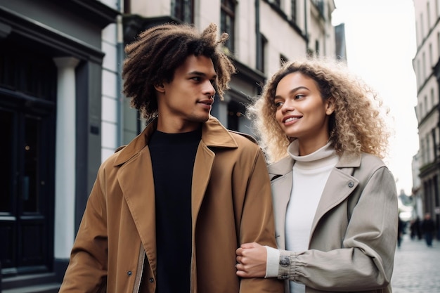 Une photo d'un jeune couple marchant ensemble dans la ville créée avec l'IA générative