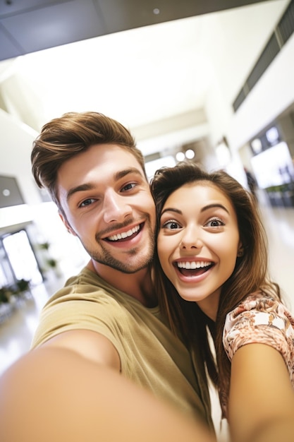 Photo d'un jeune couple prenant des selfies dans un aéroport, créé avec une IA générative