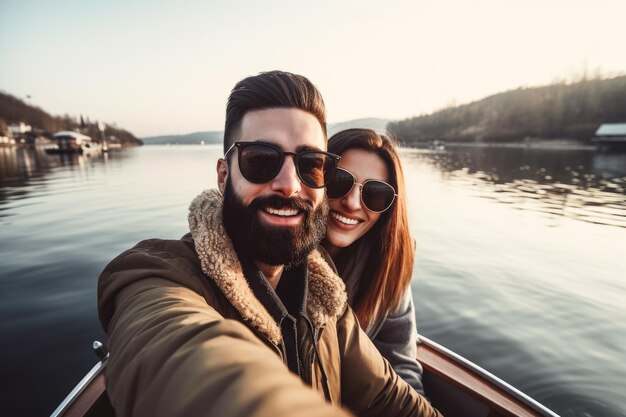 Photo d'un jeune couple prenant des selfies sur l'eau